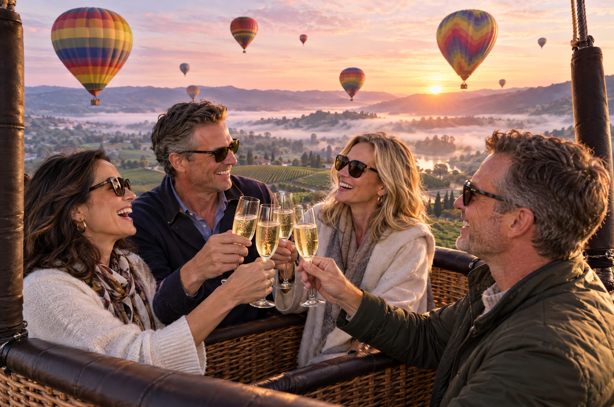 Friends toasting with sparkling wine in a hot air balloon basket over Napa at sunrise