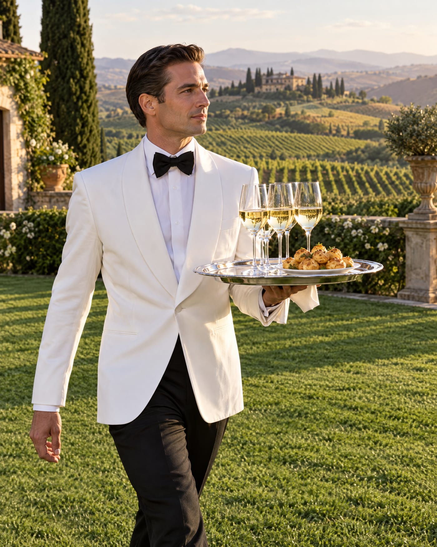 A butler in a white jacket carries a silver tray of wine across the lawn
