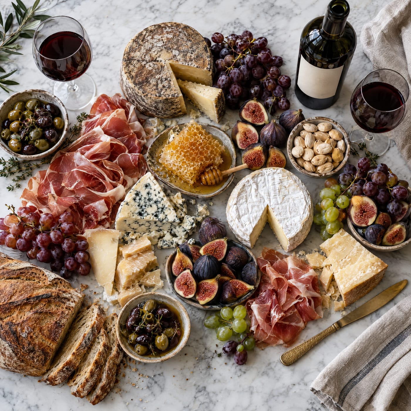 An overhead view of an abundant cheese and charcuterie spread