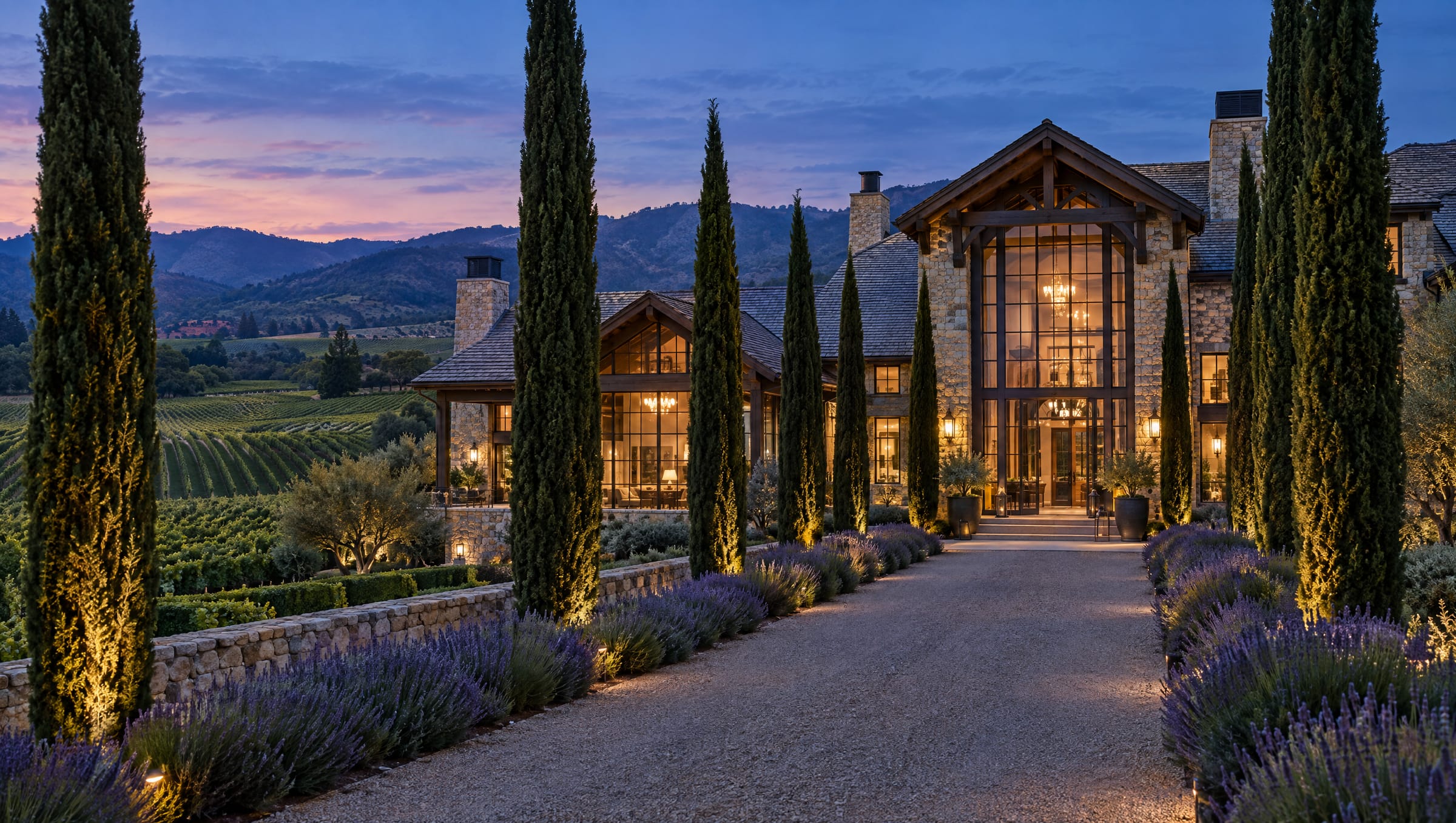 The stone estate lodge glowing at dusk among cypress trees and vineyards