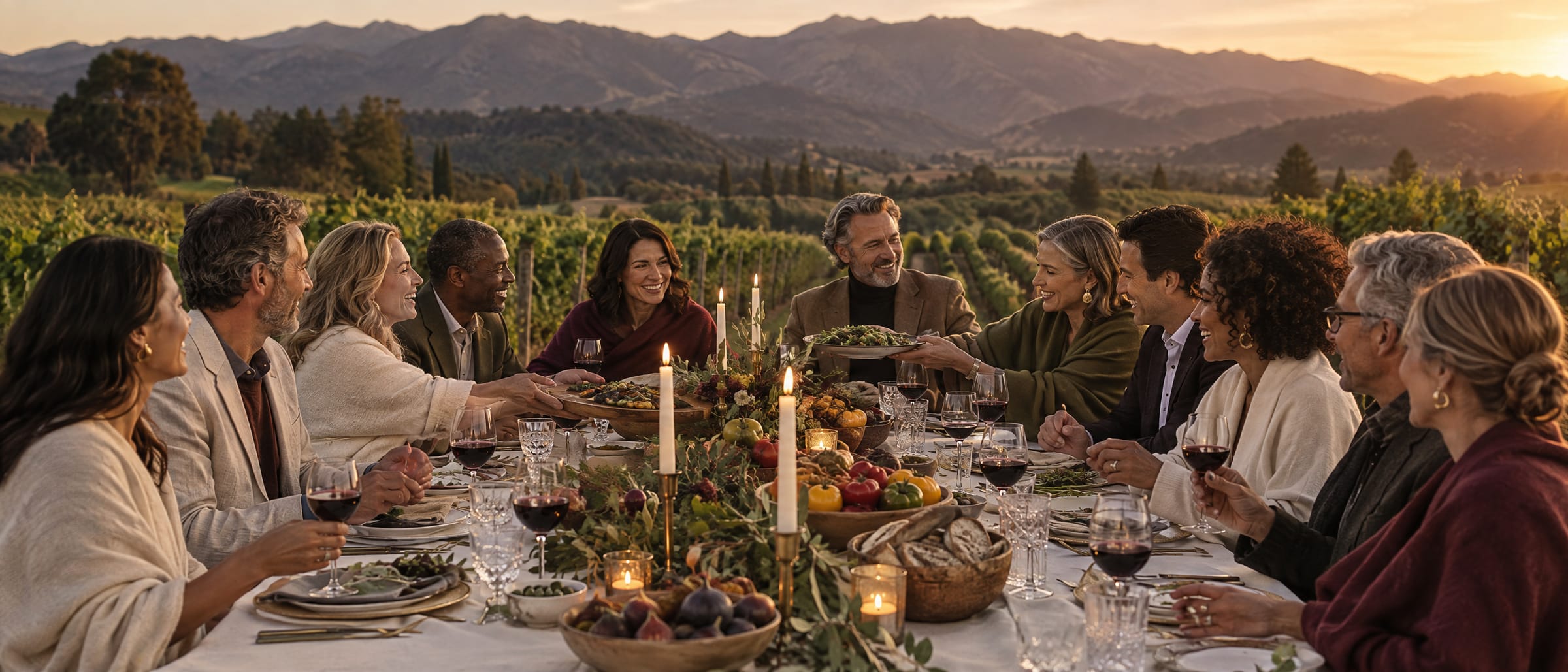 Guests laughing around a long candlelit table set between vineyard rows at golden hour