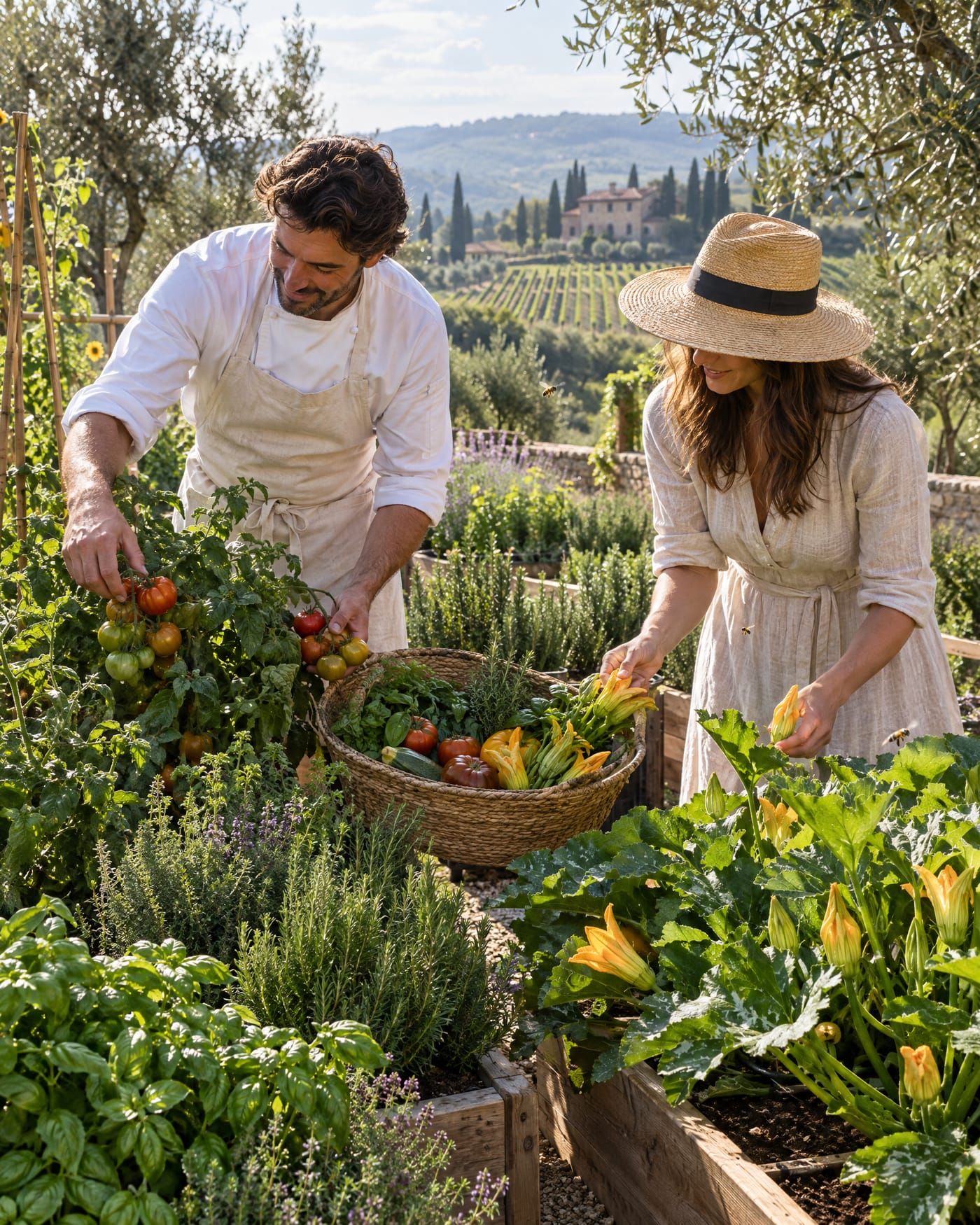 The chef and a guest harvest herbs in the estate garden