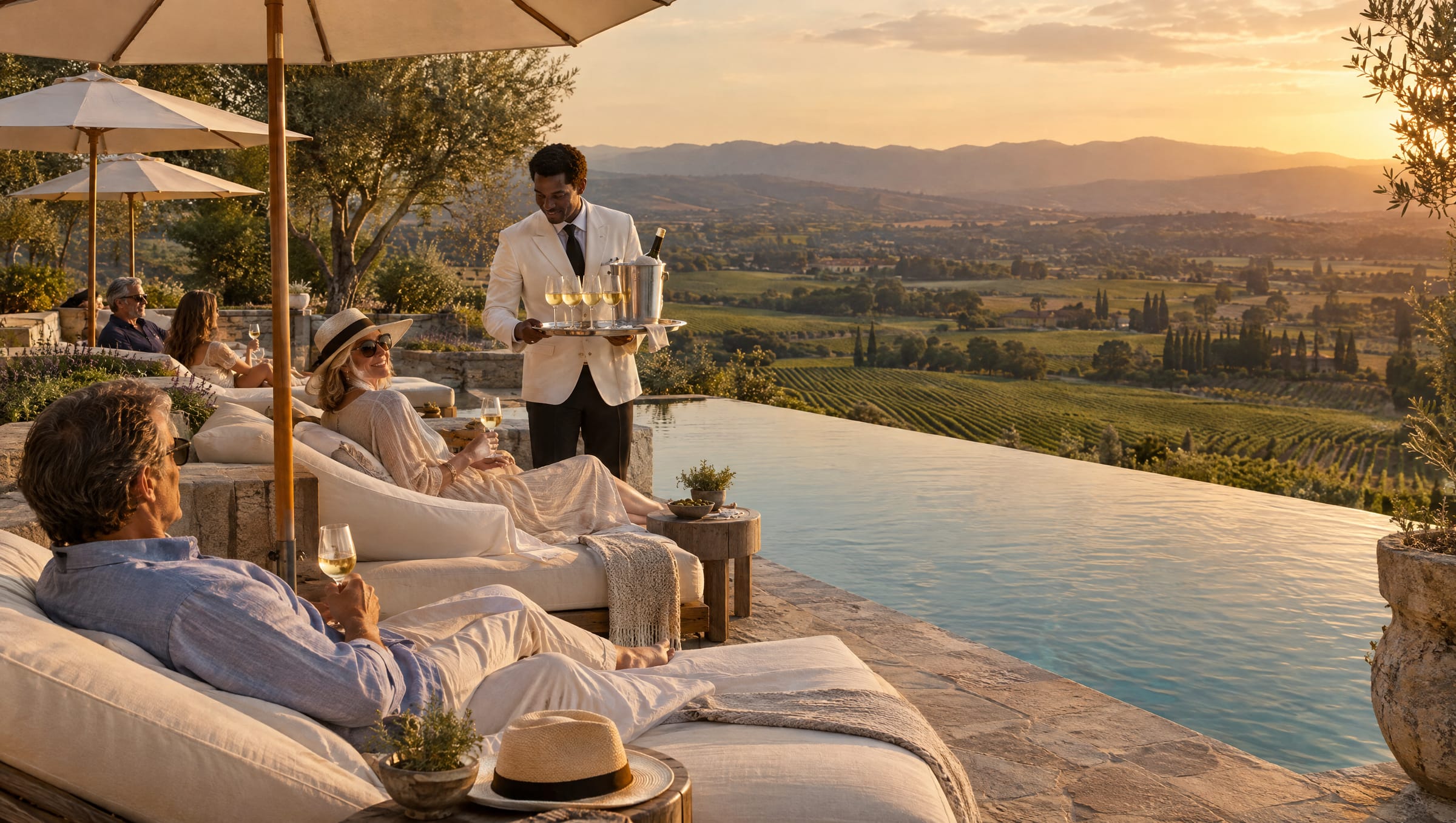 Guests lounging on daybeds beside an infinity pool above the vineyards
