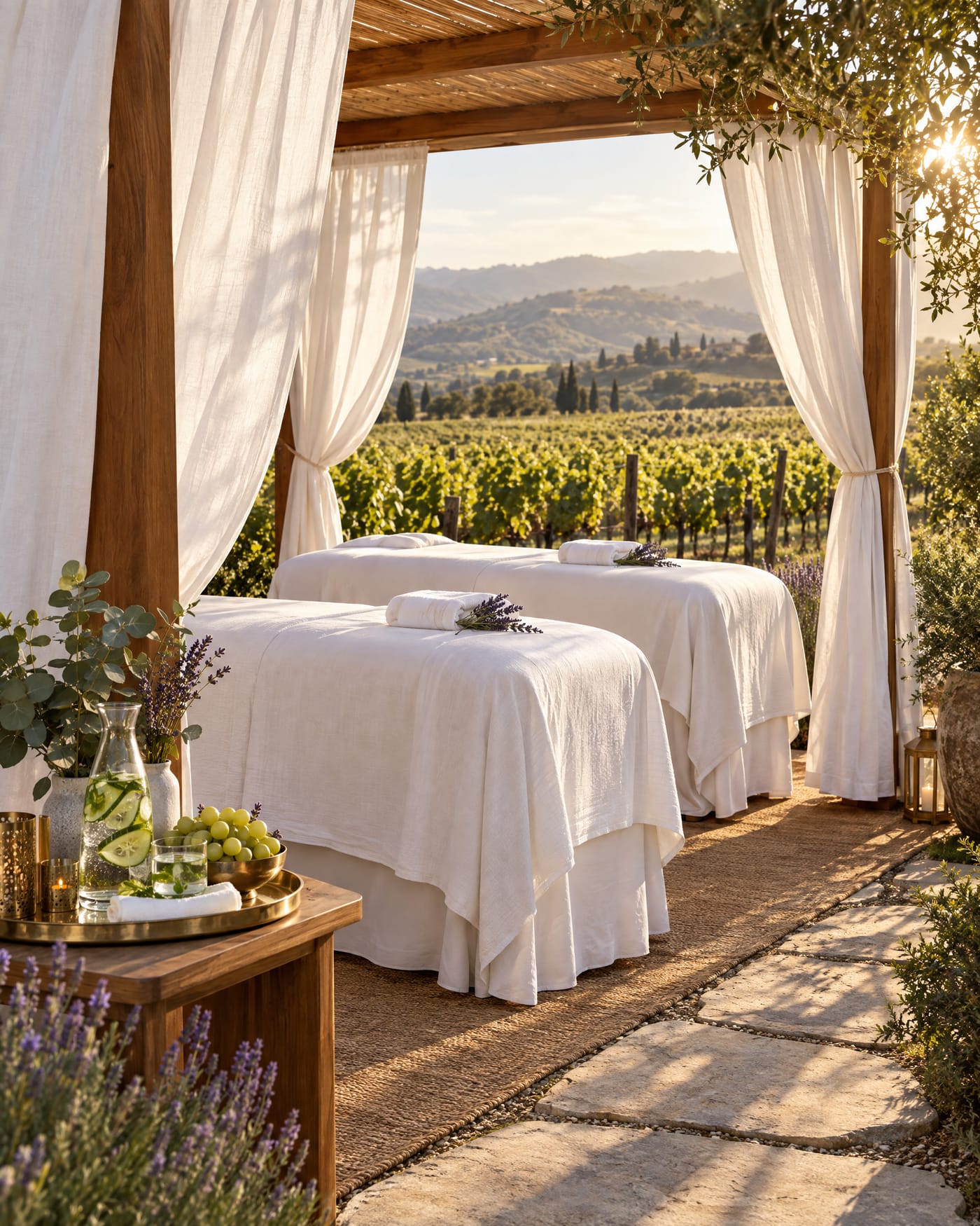 An open-air spa cabana with linen curtains at the vineyard's edge