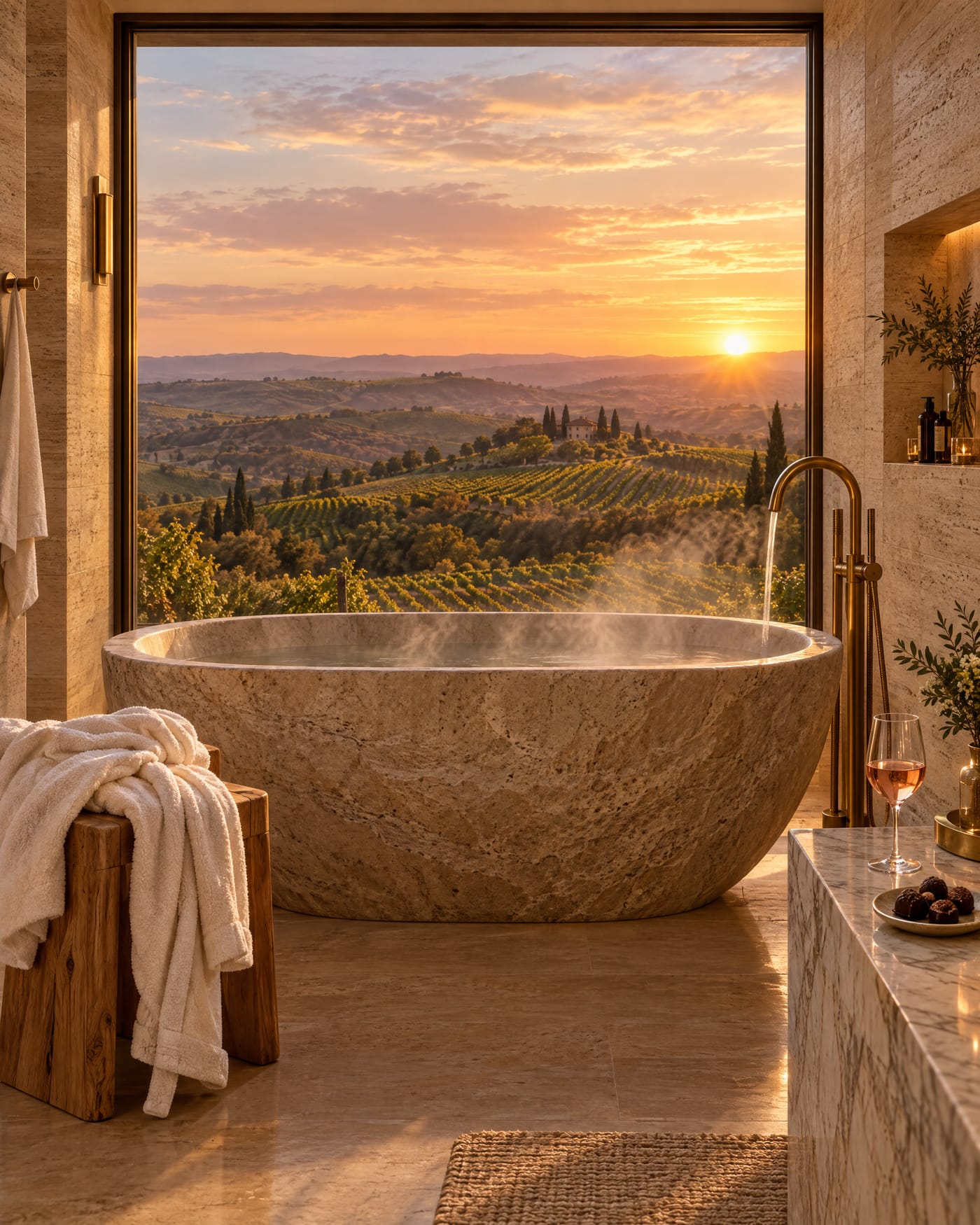 A carved stone soaking tub facing the vineyard at sunset