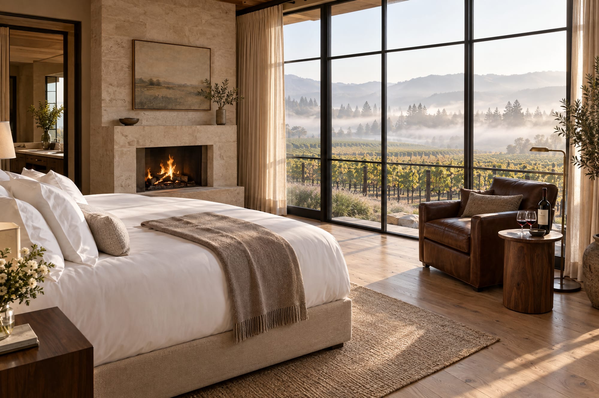 A suite with a king bed, limestone fireplace and windows onto misty vineyards