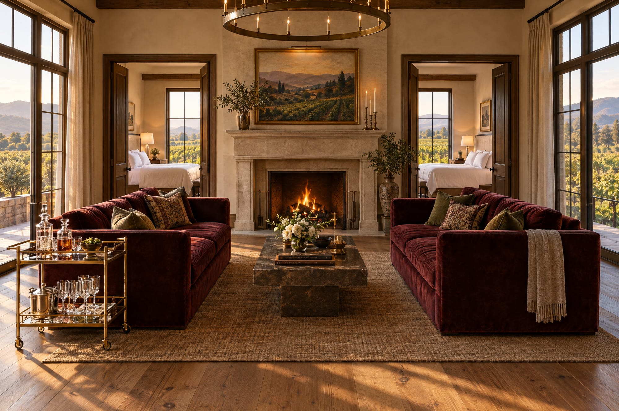 The Bunkhouse salon with velvet sofas, a stone fireplace and a bar cart