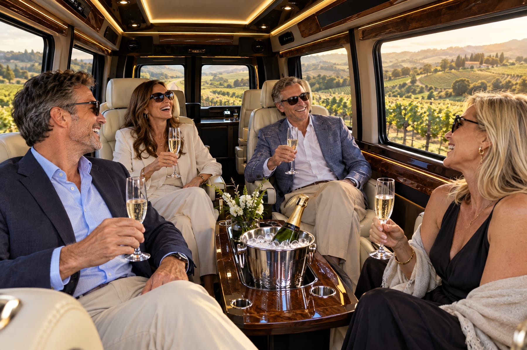Friends riding between wineries in a luxury touring coach with sparkling wine