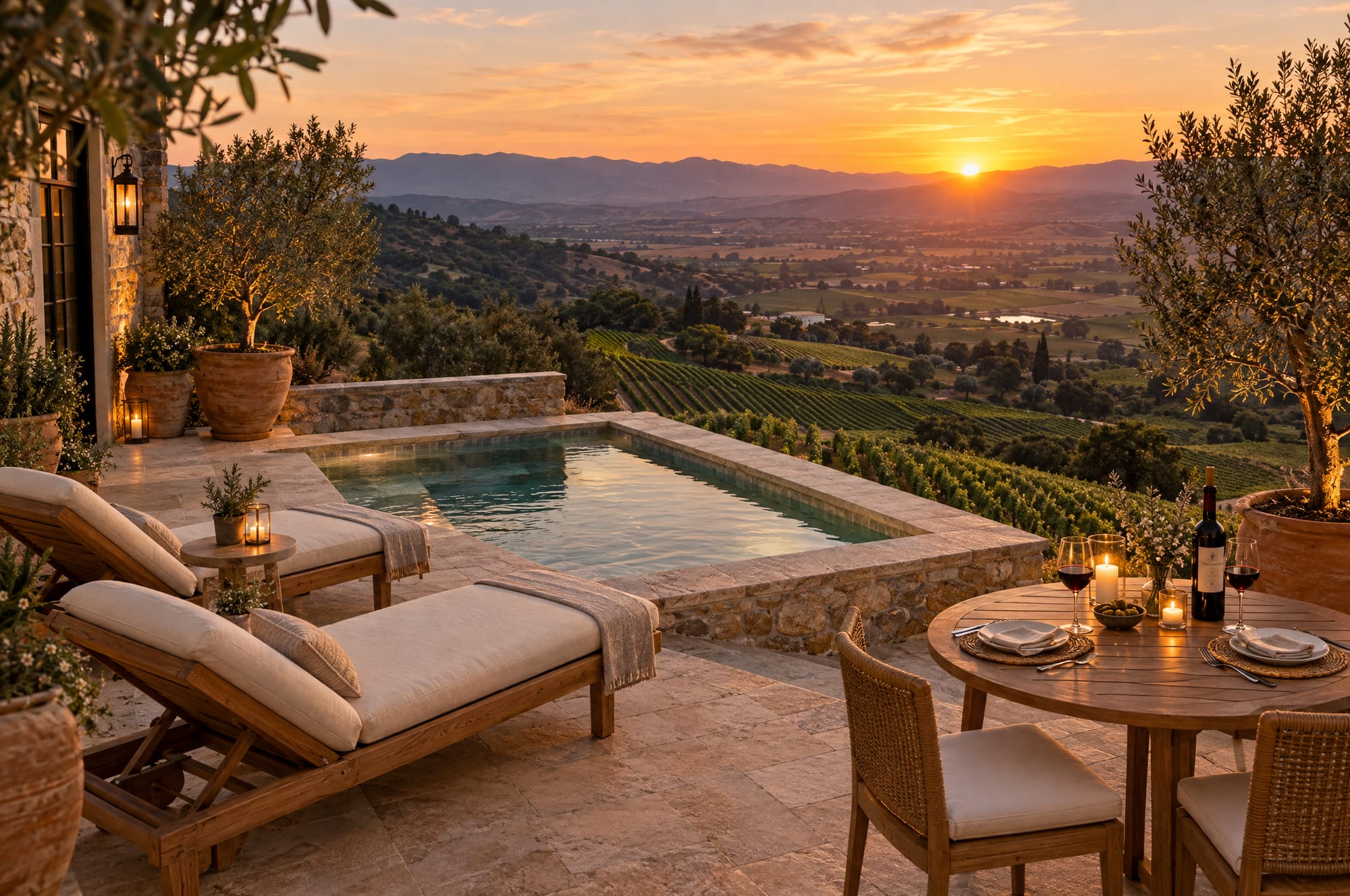 The villa terrace with a plunge pool and a table set for two above the vineyards