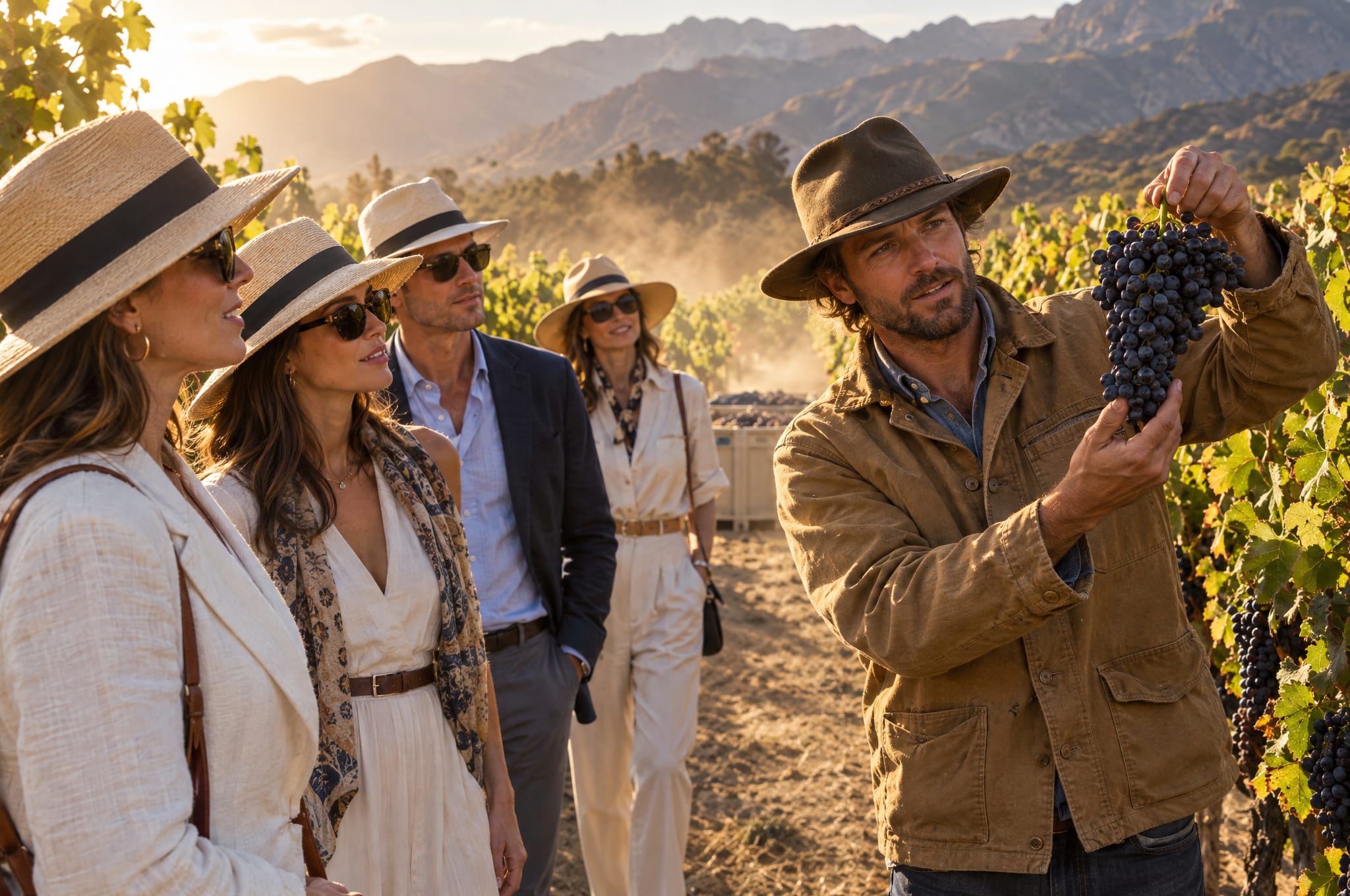 A winemaker leads guests between rows of ripe grapes